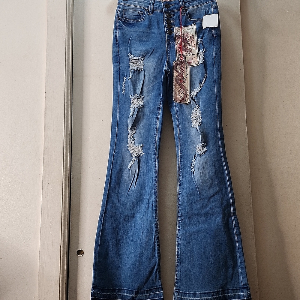 NEW! 5 Button Ripped Distressed High Rise Flare Denim Jeans 27